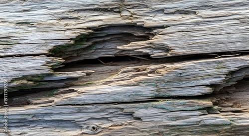 Weathered wood texture with rough grain and splintered hole in center of surface