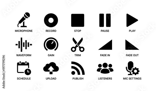 Audio editing icons: microphone, record, play, pause, trim, gain, schedule, upload, settings