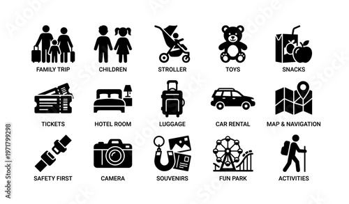 Travel and vacation icons: family trip, luggage, car rental, map, souvenirs, safety