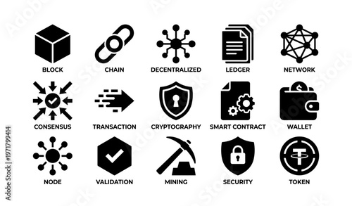 Blockchain technology icons: block, chain, ledger, smart contract, security symbols
