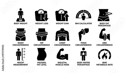 Body measurement and health icons: bmi, weight, circumference, fat levels, muscle mass