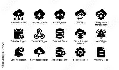 Cloud workflow and automation icons set for api integration and data sync