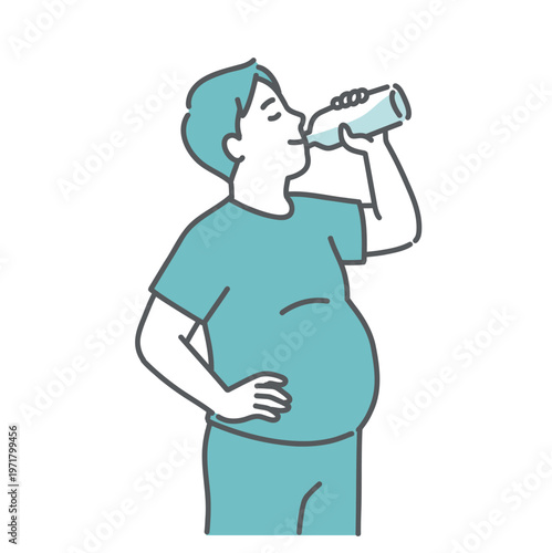 笑顔で水分補給をするぽっちゃり男性のイラスト