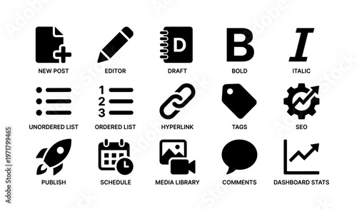 Set of website editing icons: editor, draft, bold, hyperlink, tags, seo, publish