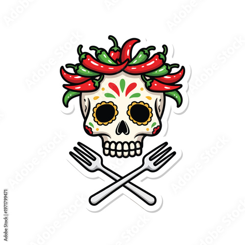 Sugar skull with peppers and crossed forks illustration.