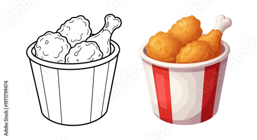 Crispy Fried Chicken Bucket, Delicious Fast Food Meal, Cartoon Style