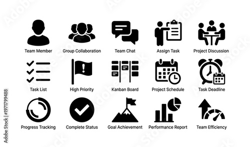 Team collaboration icons: task management, scheduling, progress tracking