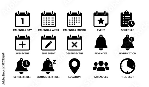 Calendar and event management icons set with reminder and schedule symbols