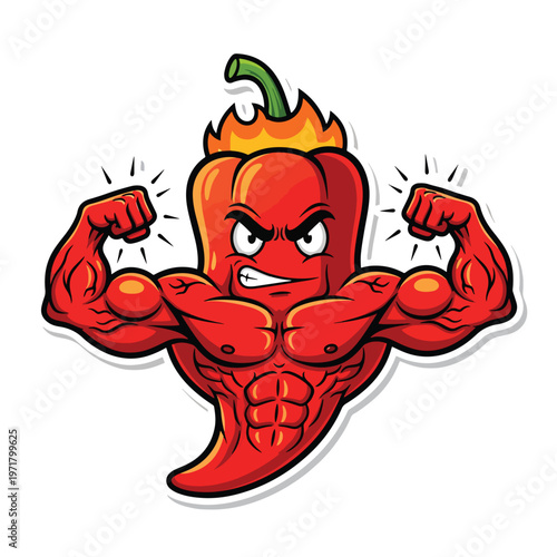 Angry muscular cartoon chili pepper character.