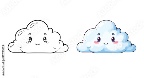Cute Cartoon Cloud Character, Outline and Colored Version, Weather Icon