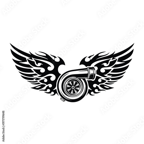 Stylized black tribal flames extend into feathered wings surrounding a detailed turbocharger emblem against a stark white background, conveying speed and power