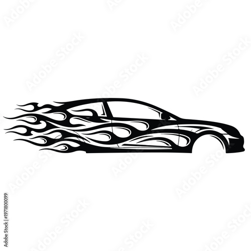 Silhouette of a sporty coupe car featuring a stylized flame decal wrapping around the side and extending onto the tribal car bonnet, set against a clean white background