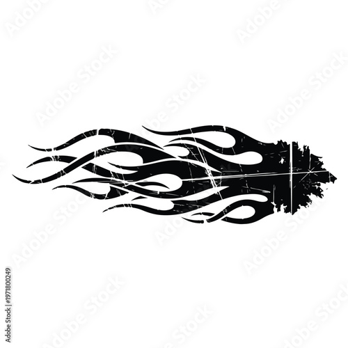 Distressed black tribal flame graphic decal with a grunge texture, designed for automotive application on a car bonnet, conveying aggressive energy