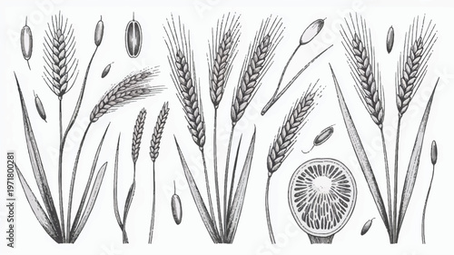 Detailed sketch illustration of various wheat stalks, grains, and a cross-section of a wheat head, line art, hand drawn, black and white, plant part