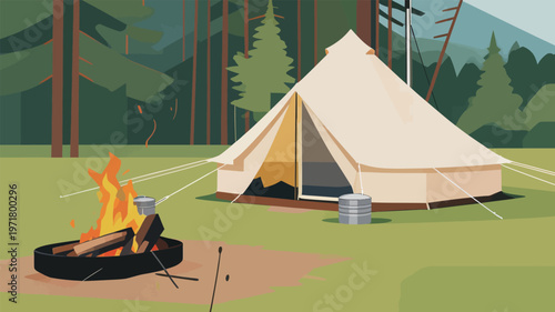 Camping site with a tent and a campfire in a forest during daytime
