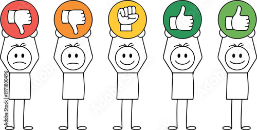 Stick figures rating system with buttons from bad to excellent red to green minimal clean line art vector illustration feedback scale isolated on white