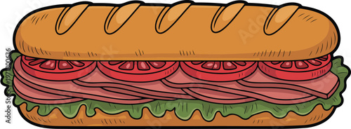 Cartoon submarine sandwich with lettuce tomato and deli meat minimal flat vector illustration fast food sub roll isolated on white background