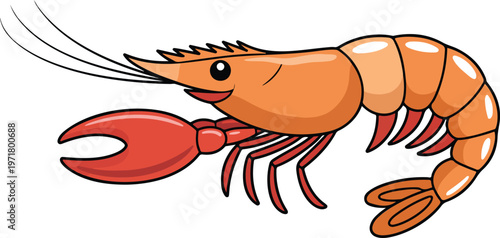 Minimal cartoon shrimp illustration with segmented body antennae and tail fin clean flat vector seafood icon isolated on white background