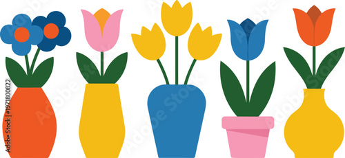 Colorful flowers in decorative vases set with tulips and spring blooms modern flat vector illustration cheerful home decor design isolated on white