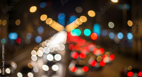 Colorful bokeh city traffic lights at night creating soft blurred urban atmosphere