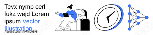 Remote work, productivity, machine learning, artificial intelligence, time management, data analysis. A woman using a laptop, clock ion neural network diagram. Remote work and productivity concept