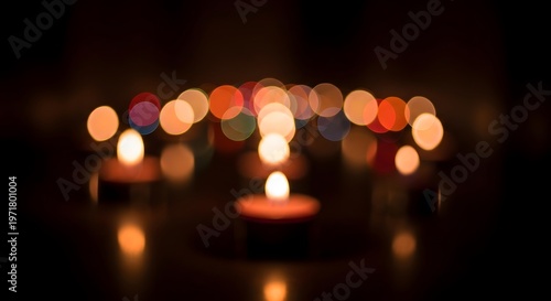 Tea light candles with bokeh effect, dark background, warm festive atmosphere