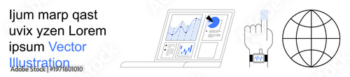 Data analytics, technology trends, global connections, wearable devices, user interaction, digital reports. Laptop with charts and smartwatch showing a finger tapping. Data analytics and technology