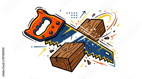 Hand saw cutting through wooden block.