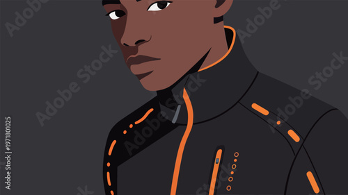 Young man in a jacket with orange details looking towards the viewer indoors during daytime
