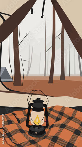 Camping scene with a lantern inside a tent and trees in the background during a foggy day in the forest