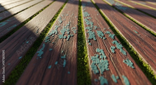Reddish brown wooden boards with peeling blue paint and green moss in sunlight