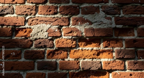Old weathered brick wall texture background showing signs of age and decay in sunlight