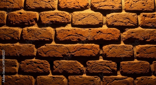 Old brick wall texture background illuminated by warm dramatic light creating shadows