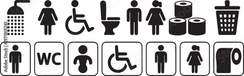 WC Toilet Line Icon Set Restroom Bathroom Man Woman Disabled Symbols Minimal Outline Vector Illustration Isolated White Background