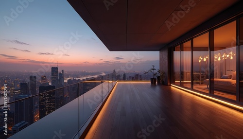 Luxury penthouse terrace overlooks Manhattan skyline at twilight with city lights. Modern apartment balcony with glass railing and ambient floor lighting, interior visible.