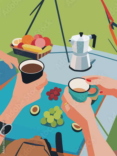 Friends enjoy coffee and fruit while camping in nature during the day on a sunny weekend afternoon