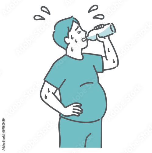 汗だくで水分補給をするぽっちゃり男性のイラスト
