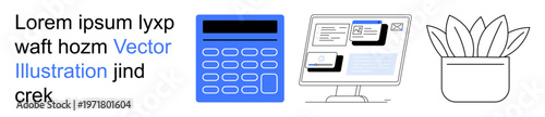 Education, finance, business, technology, productivity, office decor. A calculator, computer monitor displaying windows and potted plant. Finance and education-themed illustration