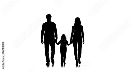 Silhouette Family Walking Together: Father, Mother, Child Holding Hands on White Background