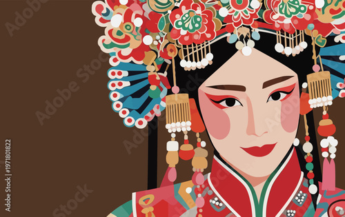 Chinese opera performer wears bright costume with traditional headdress and makeup during a cultural event in a theater setting