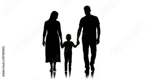Silhouette Family Walking Together Holding Hands - Parents and Child on White Background