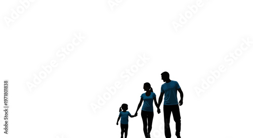 Silhouette Family Walking Together Holding Hands, Parents and Daughter Outdoors