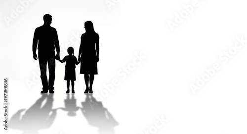 Silhouette Family Walking Together Holding Hands, Parents and Child on White Background