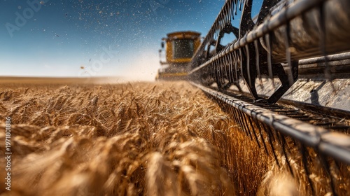 Combine harvester harvesting wheat in golden field