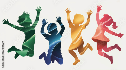 Energetic jumping children silhouettes with colorful patterns, depicting joy, freedom, and playfulness, graphic design