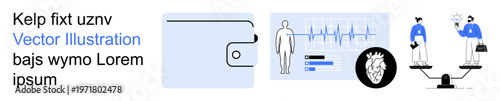 Financial technology, personal health data, medical diagnostics, work-life balance, productivity tools, digital interfaces. Digital wallet, health stats and scales of balance. Financial technology