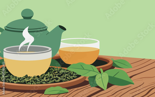 Green tea preparation with a teapot and cups on wooden table with green background