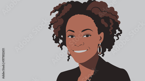 Woman with curly hair smiles while wearing earrings and a black jacket in a simple background design