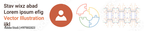 Profile identification, data visualization, connection, technology, teamwork, and system design. User icon, puzzle pieces digital circuits. Profile identification and data visualization concept