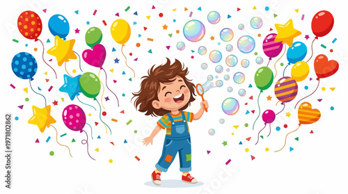 Happy little boy with colorful balloons.